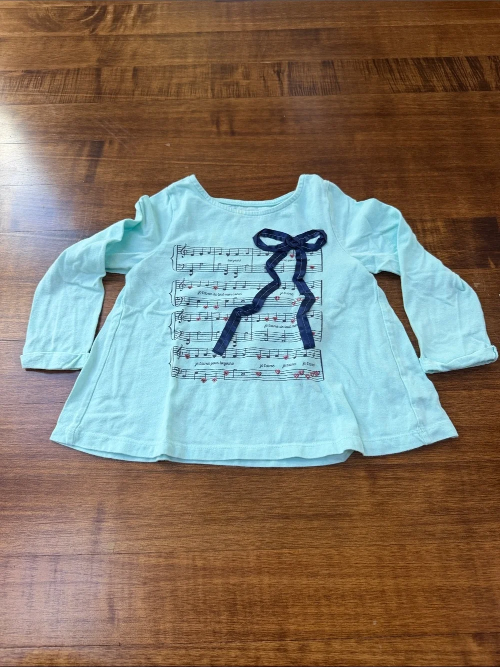 GAP Light Blue Long Sleeve Top with Navy Bow and Music Print